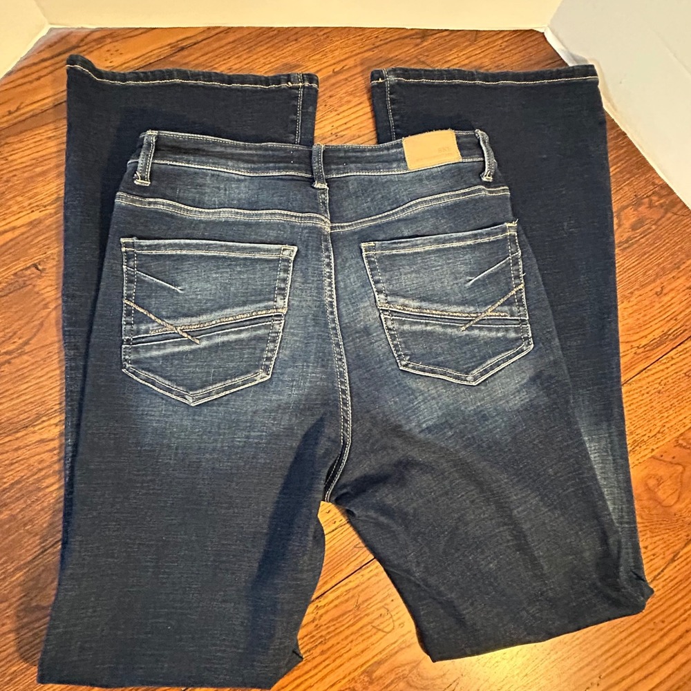 BKE High Rise Flare Jeans Dark Wash Distressed‎ Stretch Denim Womens 29x33.5"